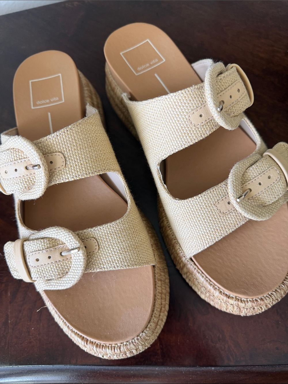 Dolce Vita Natural Beige Buckle Espadrille Slide Sandals